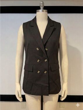 Double-Breasted Sleeveless Blazer Vest - Black